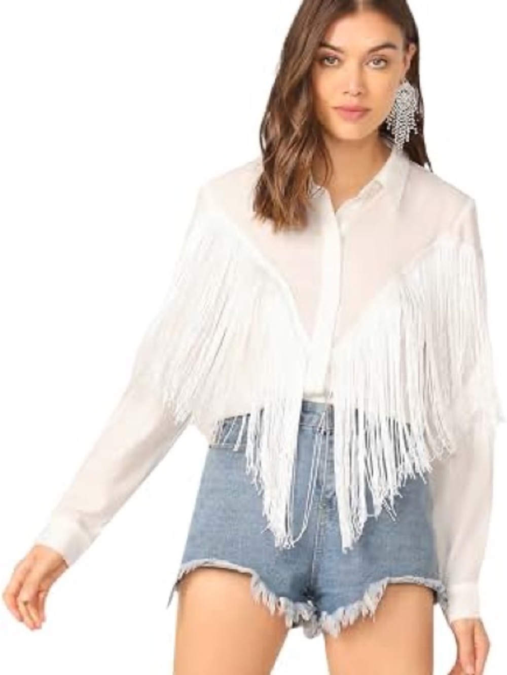 Amazon White Fringe Button-Down Shirt